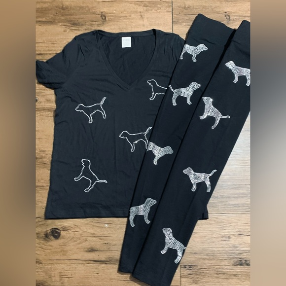 PINK VS RHINESTONE V NECK DOGGIE TSHIRT/ LEGGINGS OUTFIT SET L - Picture 3 of 12